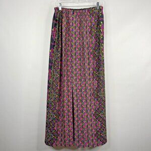 Vintage 70s De Weese Maxi Skirt Swim Coverup Black Pink Floral Fan Print